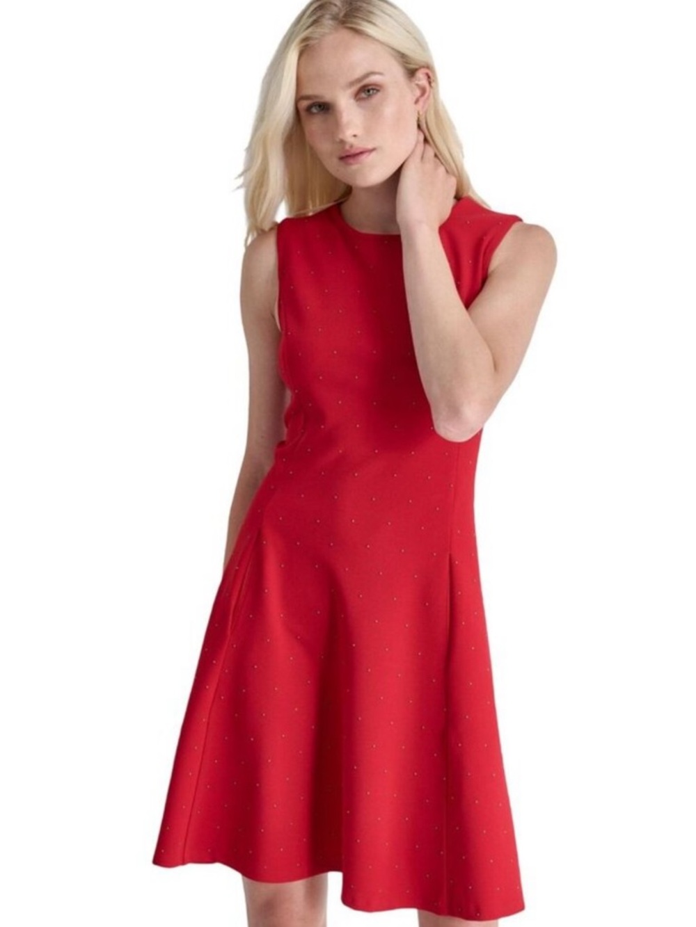 DKNY Red Studded Sleeveless A-Line Dress